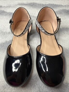 Dreamgirl Black Patent Ankle-Strap Flats with Rhinestone Detail